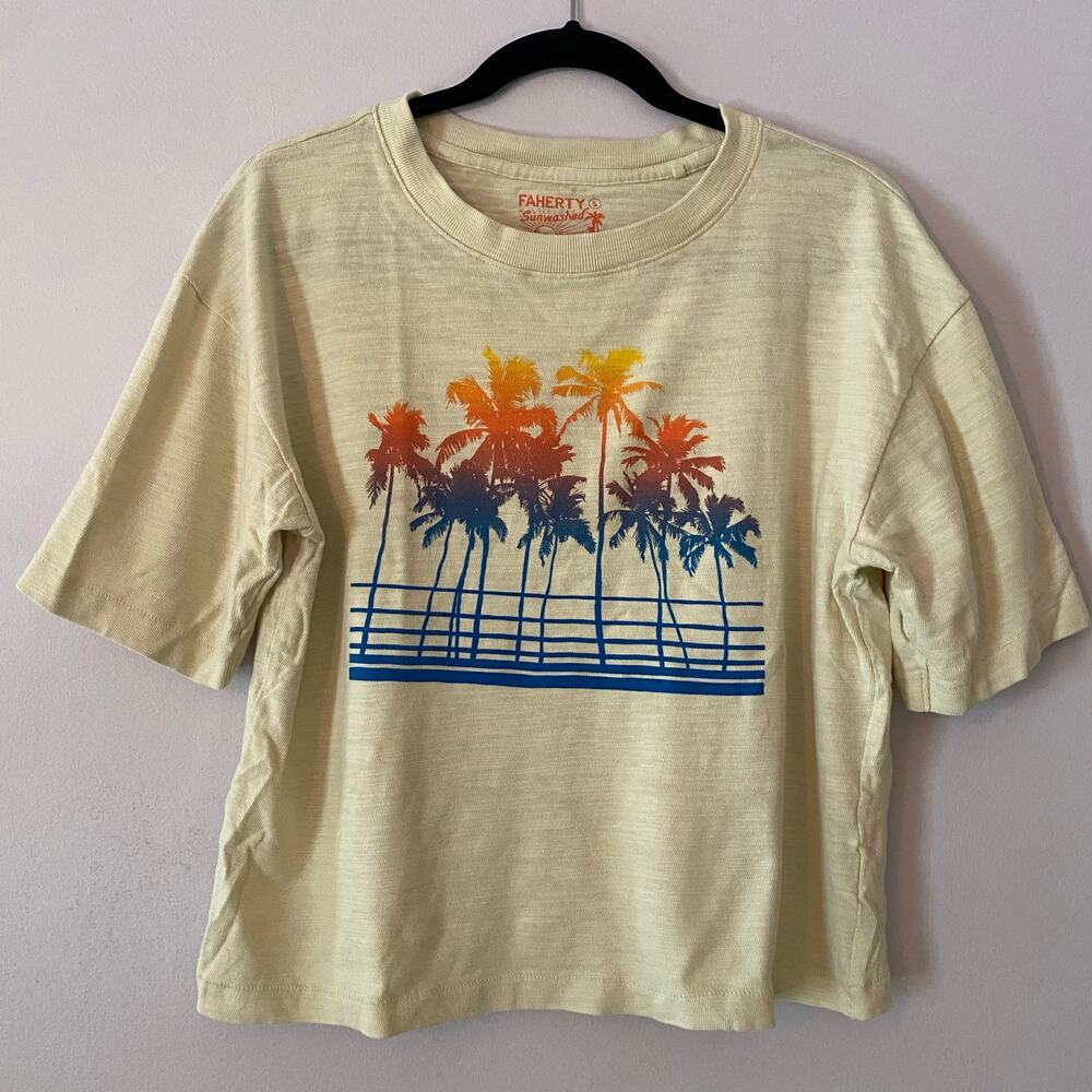 Faherty Sunwashed Cream Colorful Tropical Palm Tree Boxy Short Sleeve Tee Small